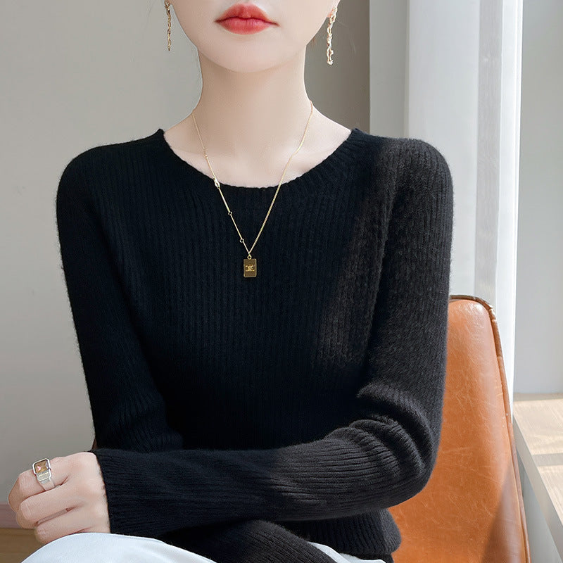 Slim-fit Round Neck Sunken Stripe Inner Wear Base Sweater – Carasel Store