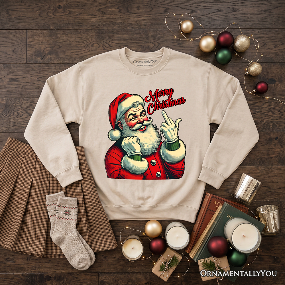 Santa Middle Finger Christmas Sweatshirt, Vintage Funny Sweater for Naughty Holiday Humor